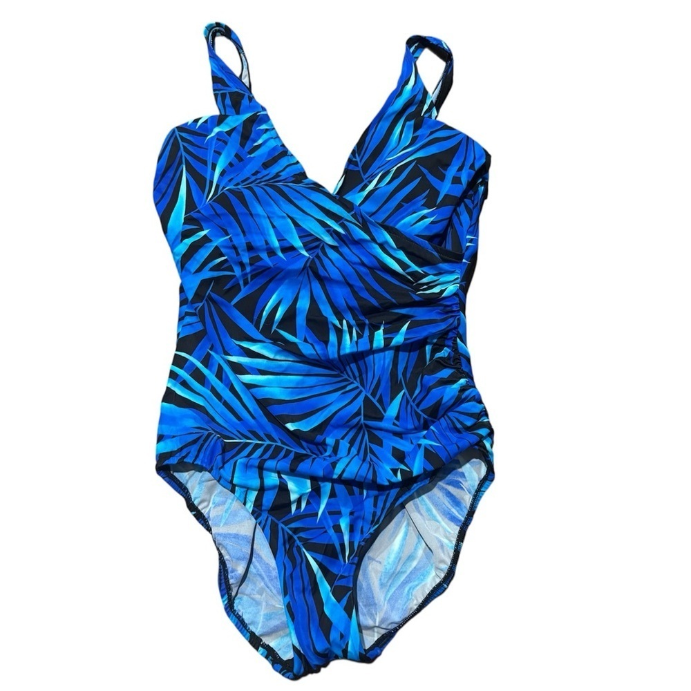 Caribbean Joe Slim Shaper Women's Ruched Blue Floral One Piece Swimsuit Size 16